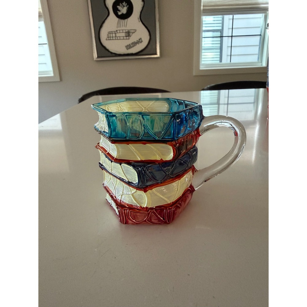 Stacked Books Glass Coffee Mug Colorful Book Lover Novelty Cup 3.5"